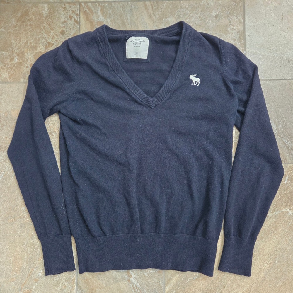 Abercrombie‎ Fitch Navy V Neck Long Sleeve Sweater Classic Logo Women M - Picture 7 of 7
